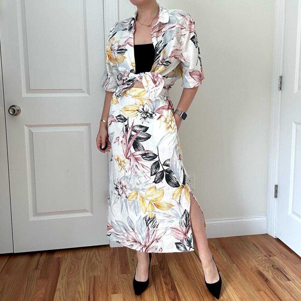 Two Pice Tropical Printed Linen Skirt Set